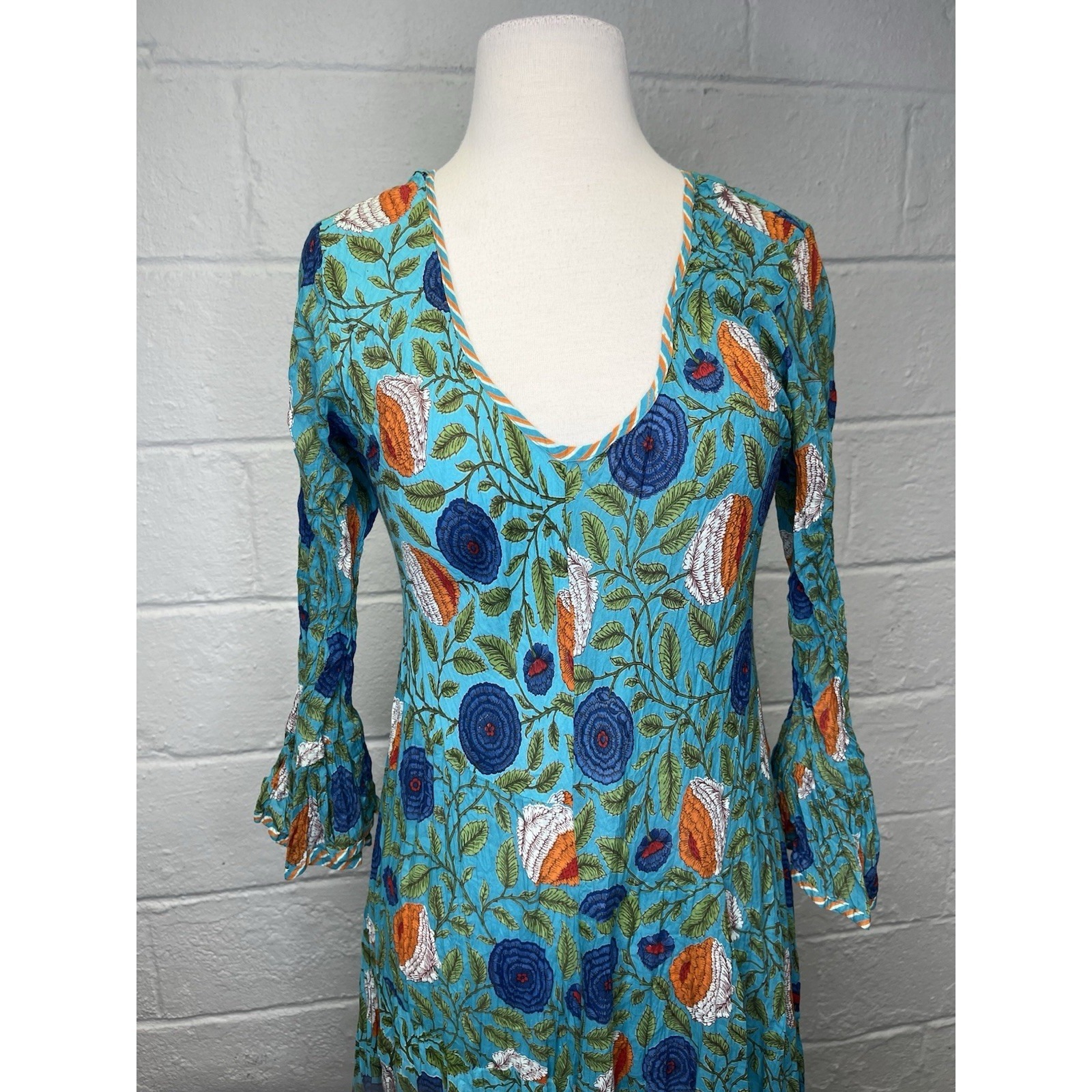 Passementrie Santa Fe Boho Maxi Dress Block Print Cotton Flare Sleeve Turquoise — image 4 of 8